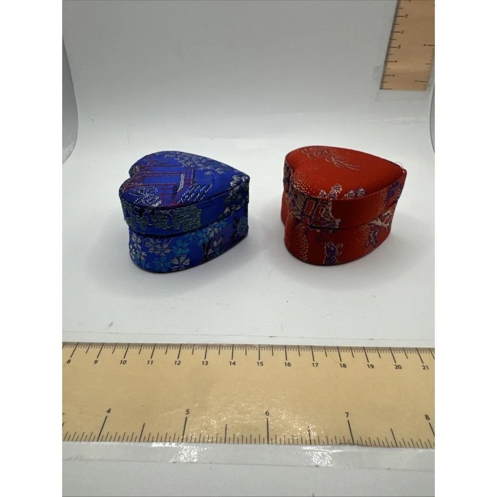 Set Of 2 Asian Ring Jewelry Box Compact Fabric Floral Portable - Heart Shaped